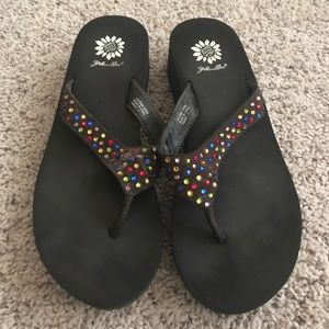 Yellow Box multi-colored flip flops, size 9